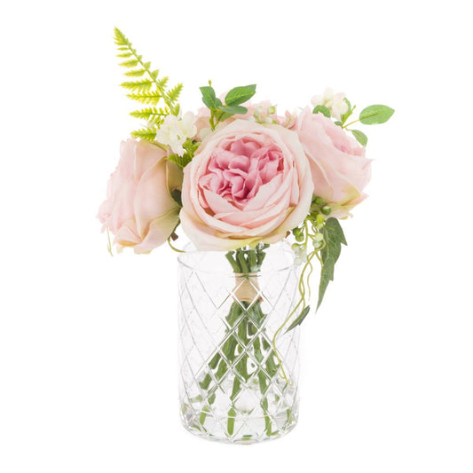 Pink Roses & Foliage in a Lattice Vase