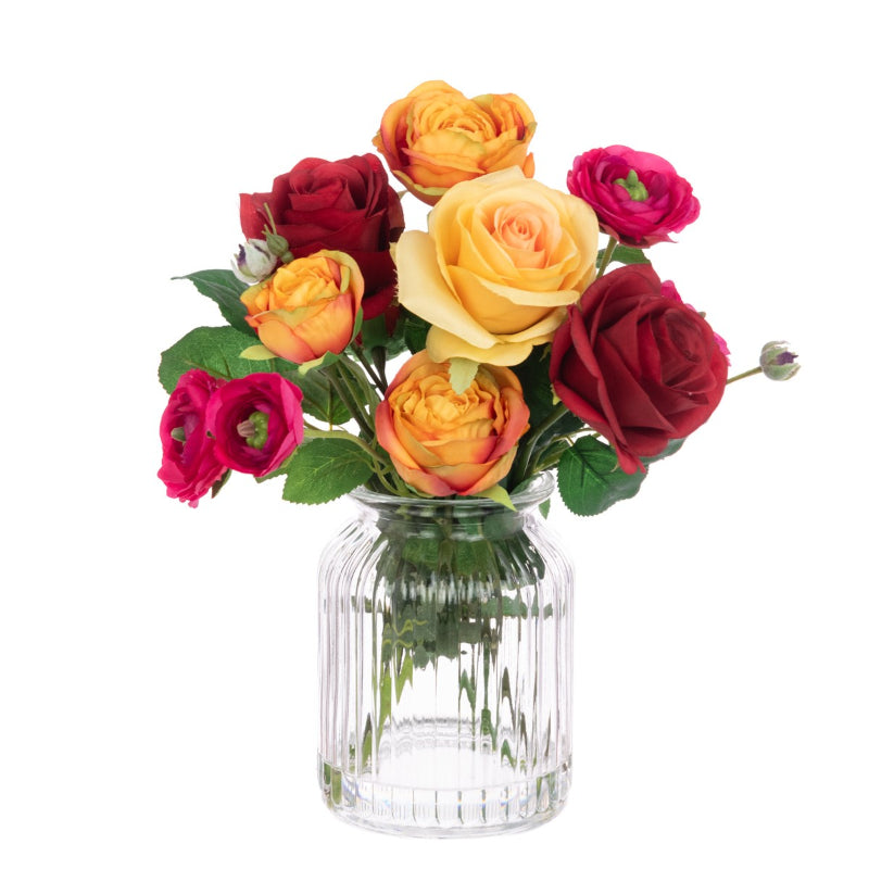 Roses & Ranunc in a Ribbed Vase