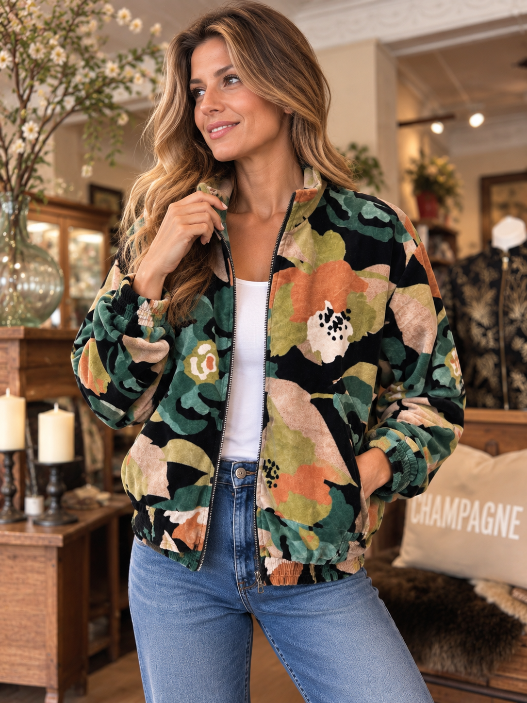 Abstract Floral Velvet Bomber Jacket