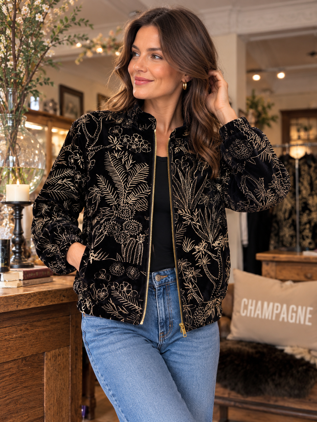 Black Botanical Embroidered Velvet Bomber Jacket