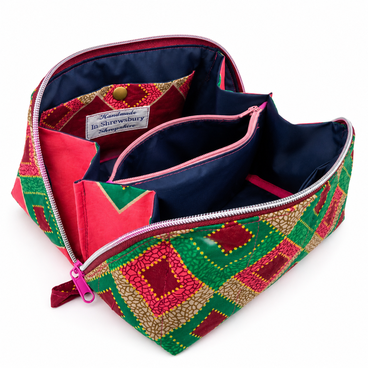 Bags by Luba – Handmade One-of-a-Kind Luxury Cosmetic Bag – Green & Pink